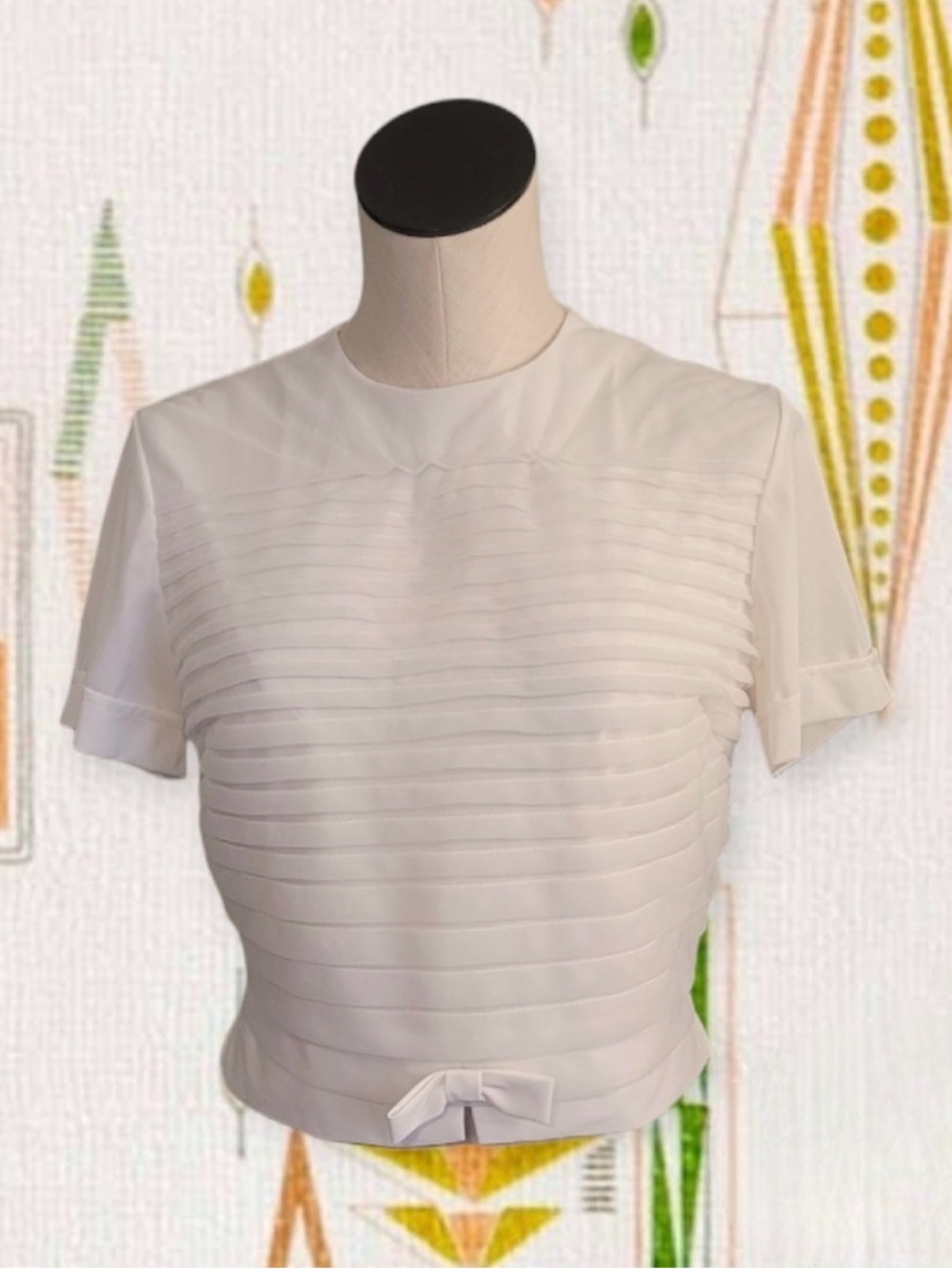 Genuine Vintage 1950s White Pleated Short-Sleeve Blouse with Bow